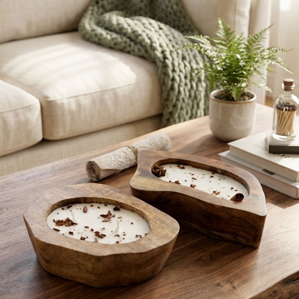 Cinnamon candle in Wood Bowls- Set of 2