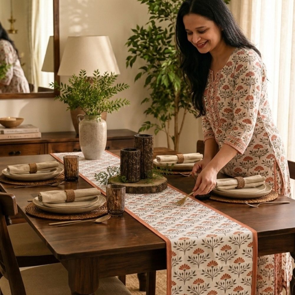 Terracotta Floral Dining Table Runner | 12x72 Inches