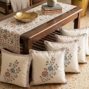 Gulmohar floral cushion cover set with table runner
